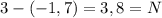 3-(-1,7)=3,8=N