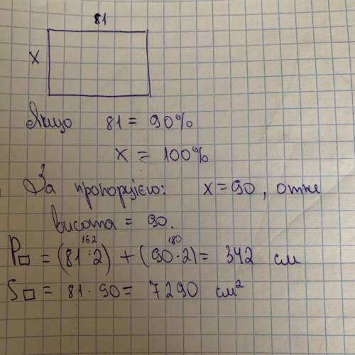  Ширина прямокутника дорівнює 81 см. що становить 90% довжини. знайдіть периметр і площу прямокутник