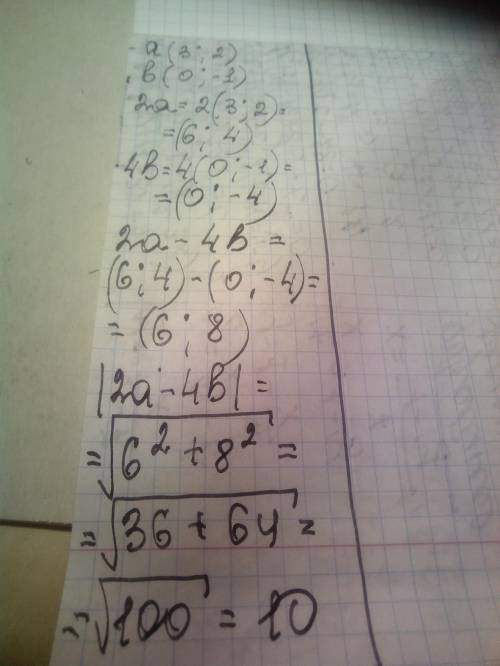  Даны векторы a(3;2) и b(0;-1).Найдите модуль вектора 2а-4b 