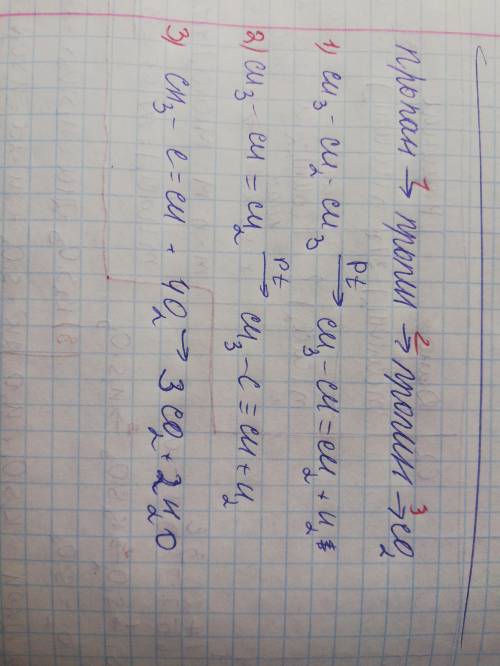  Напишите уравнения реакций:Пропан - пропен - пропин - углекислый газ​ 