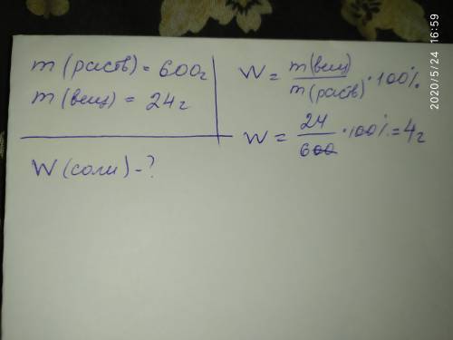  В 600г раствора содержится 24г хлорида натрия.Какова массовая доля солив растворе. 