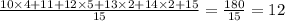  \frac{10 \times 4 + 11 + 12 \times 5 + 13 \times 2 + 14 \times 2 + 15}{15} = \frac{180}{15} = 12