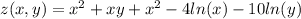 z(x,y)=x^2+xy+x^2-4ln(x)-10ln(y)