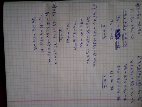  A) 14 – 5х = 2 – 9х b) 5 + 6(4х + 5) = 3х – 7 c) 5(4х + 7) – 3(8х – 3) = 7х d) 1,2(2x – 0,1) = 2,4x