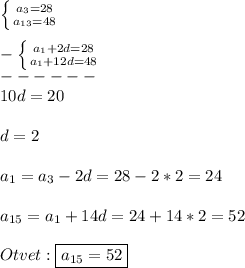 \left \{ {{a_{3}=28 } \atop {a_{13}=48 }} \right.\\\\-\left \{ {{a_{1}+2d=28 } \atop {a_{1}+12d=48 }} \right.\\ ------\\10d=20\\\\d=2\\\\a_{1}=a_{3}-2d=28-2*2=24\\\\a_{15}=a_{1}+14d=24+14*2=52\\\\Otvet:\boxed{a_{15} =52}