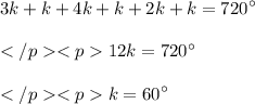  \displaystyle 3k + k + 4k + k + 2k + k = 720^\circ \\\\</p<p\displaystyle 12k = 720^\circ \\\\</p<p\displaystyle k = 60^\circ 