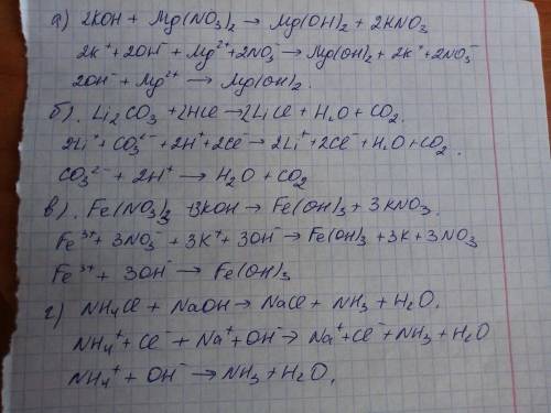 Смешивают попарно растворы: а) KOH и Mg (NO3)2; б) Li2СO3 и HCI; в) Fe(NO3)3 и KOH; г) NH4CI и NaOH.