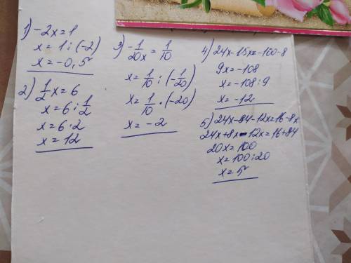  Решите уравнения: 1) -2x-1=0; 2) 1/2x-6=0; 3) - 1/20x-1/10=0; 4) 24x+8=15x-100; 5) 24x-12(7+x)=16-8