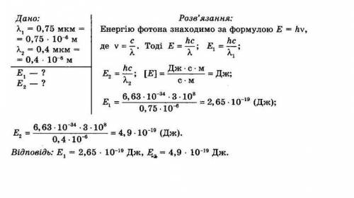  Визначте енергію фотонів, які відповідають найдовшим λ = 0,75 мкм і найкоротшим λ = 0,4 мкм хвилям