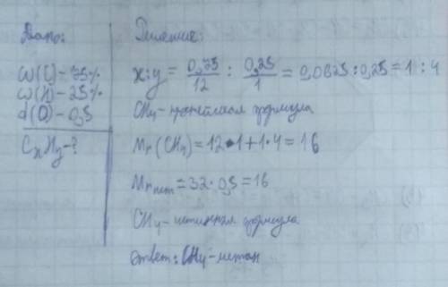 Определите молекулярную формулу вещества, если состав: С-75%, Н-25%, плотность по кислороду равно 0,