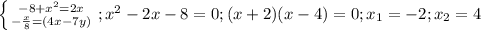 \left \{ {{-8+x^{2}=2x } \atop {-\frac{x}{8}=(4x-7y) } \right.; x^{2} -2x-8=0; (x+2)(x-4)=0; {x_{1}=-2; x_{2} =4}