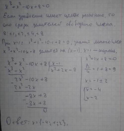 Укажіть серед яких цілих чисел можна зробити відбір коренів рівняння x^3+x^2-10x+8=0 та розв’яжіть ц