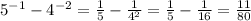 5^{-1} -4^{-2} = \frac{1}{5} -\frac{1}{4^{2} } =\frac{1}{5} -\frac{1}{16} =\frac{11}{80}