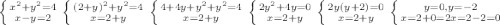 \left \{ {{x^{2}+y^{2} =4} \atop {x-y=2}} \right.\left \{ {{(2+y)^{2} +y^{2} =4} \atop {x=2+y}} \right. \left \{ {{4+4y+y^{2}+y^{2} =4} \atop {x=2+y}} \right. \left \{ {{2y^{2}+4 y=0} \atop {x=2+y}} \right. \left \{ {{2y(y+2)=0} \atop {x=2+y}} \right.\left \{ {{y=0, y=-2} \atop {x=2+0=2 x=2-2=0}} \right.