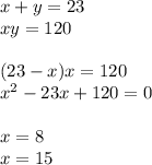 x+y=23\\xy=120\\\\(23-x)x=120\\x^2-23x+120=0\\\\x=8\\x=15