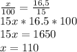 \frac{x}{100}=\frac{16,5}{15} \\15x*16.5*100\\15x=1650\\x=110