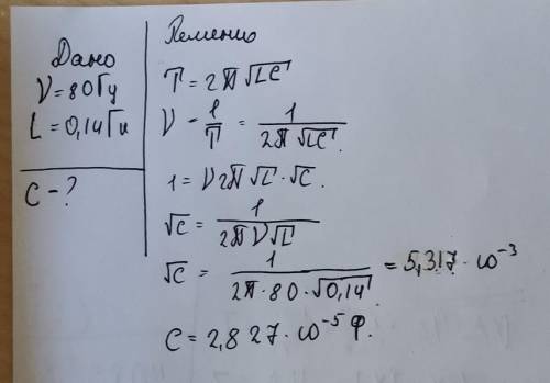 В цепь переменного тока с частотой 80 Гц включена катушка индуктивностью 0,14 Гн. Конденсатор какой 