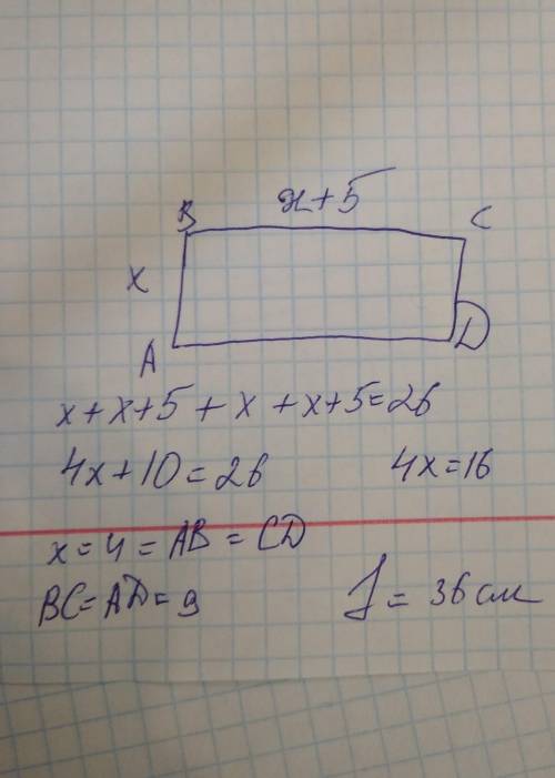  Одна із сторін прямокутника на 5см менше від іншої. Знайдіть площу прямокутника, якщо його периметр