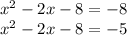  {x}^{2} - 2x - 8 = - 8 \\ {x}^{2} - 2x - 8 = - 5