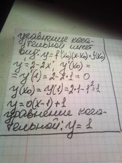  Напишите уравнение касательной к графику функции f в точке x0: f(x) =2x – x^2 , x0=1 