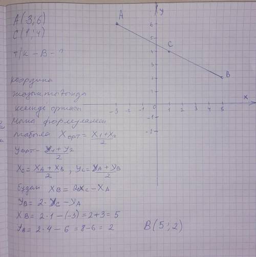 А(-3,6) нүктесі АВ кесіндісінің шеткі нүктесі, ал С(1; 4) нүктесі – оның қақ ортасындағы нүкте. АВ к