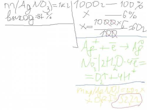 Хелп!!! 1кг 6%-го раствора нитрата серебра подвергнут электролизу в течении 1 часа. выход по току со