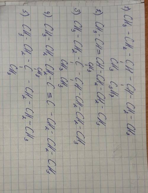 Расписать формулы, , строение 1)3- метил - 4- пропилгексан2) гексен-23)3,3,4 - триметилгептан4)октин