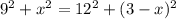 9^{2} + x^{2} = 12^{2} + (3 - x)^{2}