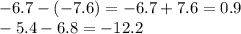 -6.7-(-7.6)=-6.7+7.6=0.9\\-5.4-6.8=-12.2