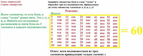  1. Запишите множество букв в слове сосна и образуйте три его подмножества принадлежат ли этому множ