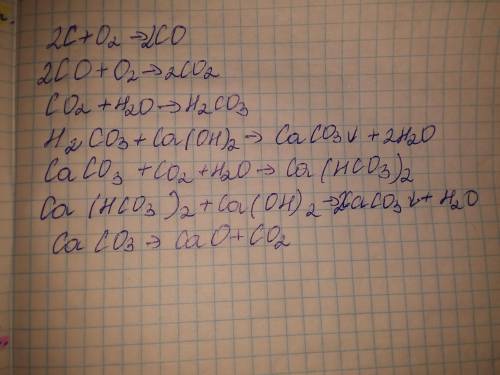  Здійснити наступні перетворення С→СО→СО2→Н2СО3→СаСО3→Са(НСО3)2→СаСО3→СаО 