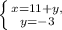 \left \{ {{x=11+y, } \atop {{ y=-3}} \right.