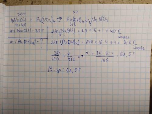 30 г натрій гідроксиду прореагували з плутоній нітратом. Знайдіть масу виділеного осаду.