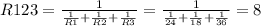 R123=\frac{1}{\frac{1}{R1}+\frac{1}{R2}+\frac{1}{R3}} =\frac{1}{\frac{1}{24}+\frac{1}{18}+\frac{1}{36}} =8