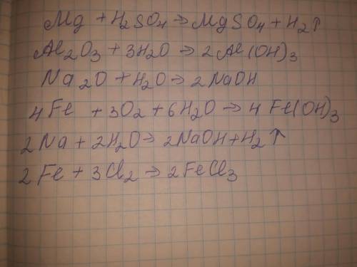 Написать уравнения возможных реакций: Mg+H2SO4 (p)= AL2O3+H2O= Na2O+H2O = Fe+H2O +O2= Na+H2O= Fe+CL2