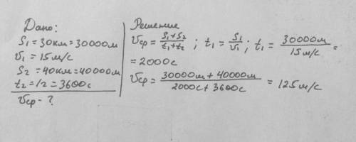 Автомобиль первую часть пути (30 км со средней скоростью 15 м/с. Остальную часть пути (40 км)он за 1
