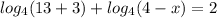 log_{4}(13 + 3) + log_{4}(4 - x) = 2