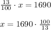 \frac{13}{100} \cdot x = 1690\\\\x = 1690 \cdot \frac{100}{13} \\\\