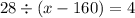 28 \div (x - 160) = 4