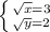 \left \{ {{\sqrt{x} = 3} \atop {\sqrt{y}=2}} \right.