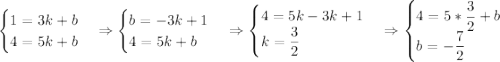 \begin{cases}1 = 3k + b \\ 4 = 5k + b \end{cases} \Rightarrow \begin{cases} b = -3k + 1 \\ 4 = 5k + b \end{cases} \Rightarrow \begin{cases} 4 = 5k - 3k + 1 \\ k = \dfrac{3}{2} \end{cases} \Rightarrow \begin{cases} 4 = 5 * \dfrac{3}{2} + b \\ b = -\dfrac{7}{2} \end{cases}