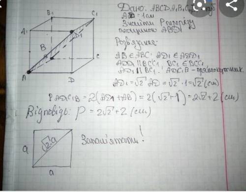 Побудуйте куб ABCDA1B1C1D1 та заштрихуйте площину яка проходить через точки A D C1. Знайдіть перимет