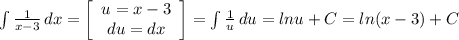 \int\limits {\frac{1}{x-3}} \, dx = \left[\begin{array}{ccc}u=x-3\\du=dx\\\end{array}\right] = \int\limits {\frac{1}{u} } \, du = lnu +C = ln(x-3) + C