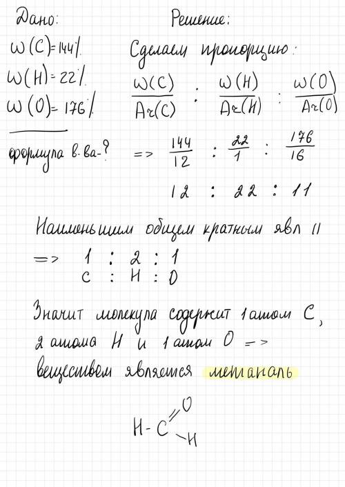 Состав некоторого вещества: ω(С) = 144%, ω(Н) = 22%, ω(О) = 176%. Выведите молекулярную формулу веще