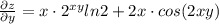 \frac{\partial z}{\partial y}=x\cdot 2^{xy}ln2+2x\cdot cos(2xy)