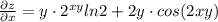 \frac{\partial z}{\partial x}=y\cdot 2^{xy}ln2+2y\cdot cos(2xy)