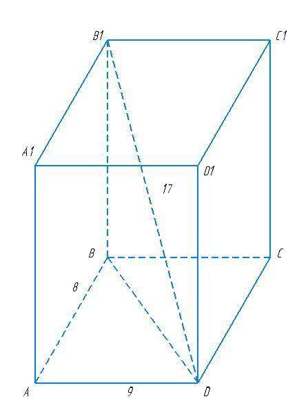 Диагональ прямоугольного параллелепипеда рана 17 см, а стороны основания равны 8 см и 9 см. Найдите