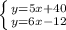 \left \{ {{y=5x+40} \atop {y=6x-12}} \right.