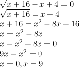 \sqrt{x+16}-x + 4 = 0 \\\sqrt{x+16} = x + 4\\x + 16 = x^{2} -8x + 16\\x = x^{2} - 8x\\x - x^{2} + 8x = 0\\9x - x^{2} = 0 \\x = 0, x = 9\\