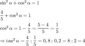 \sin ^2 \alpha + \cos ^2 \alpha = 1 \\ \\ \dfrac{4}{5}+\cos ^2 \alpha = 1 \\ \\ \cos ^2 \alpha = 1 - \dfrac{4}{5} = \dfrac{5-4}{5}=\dfrac{1}{5} \\ \\ \Rightarrow \tan ^2 \alpha = \dfrac{4}{5}:\dfrac{1}{5}=0,8:0,2=8:2=4